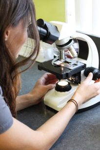 Ella at the microscope
